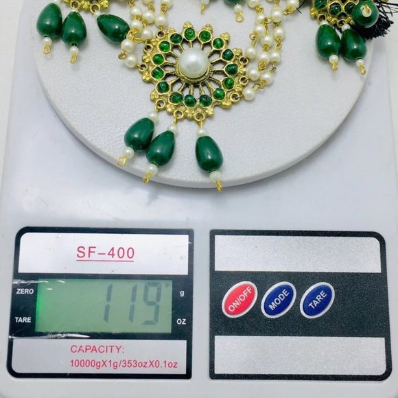 Green Stone and White Pearls Jewelry Set, Tribal Stones and Pearls Jewelry - Picture 6 of 9